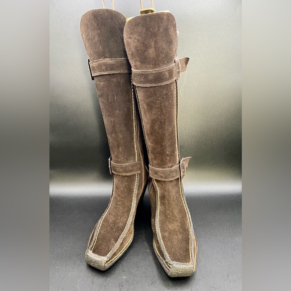 Pons Quintana Tall Brown Suede Zip-Up Wedge Boots w/ Buckles, Excellent! - Picture 4 of 12